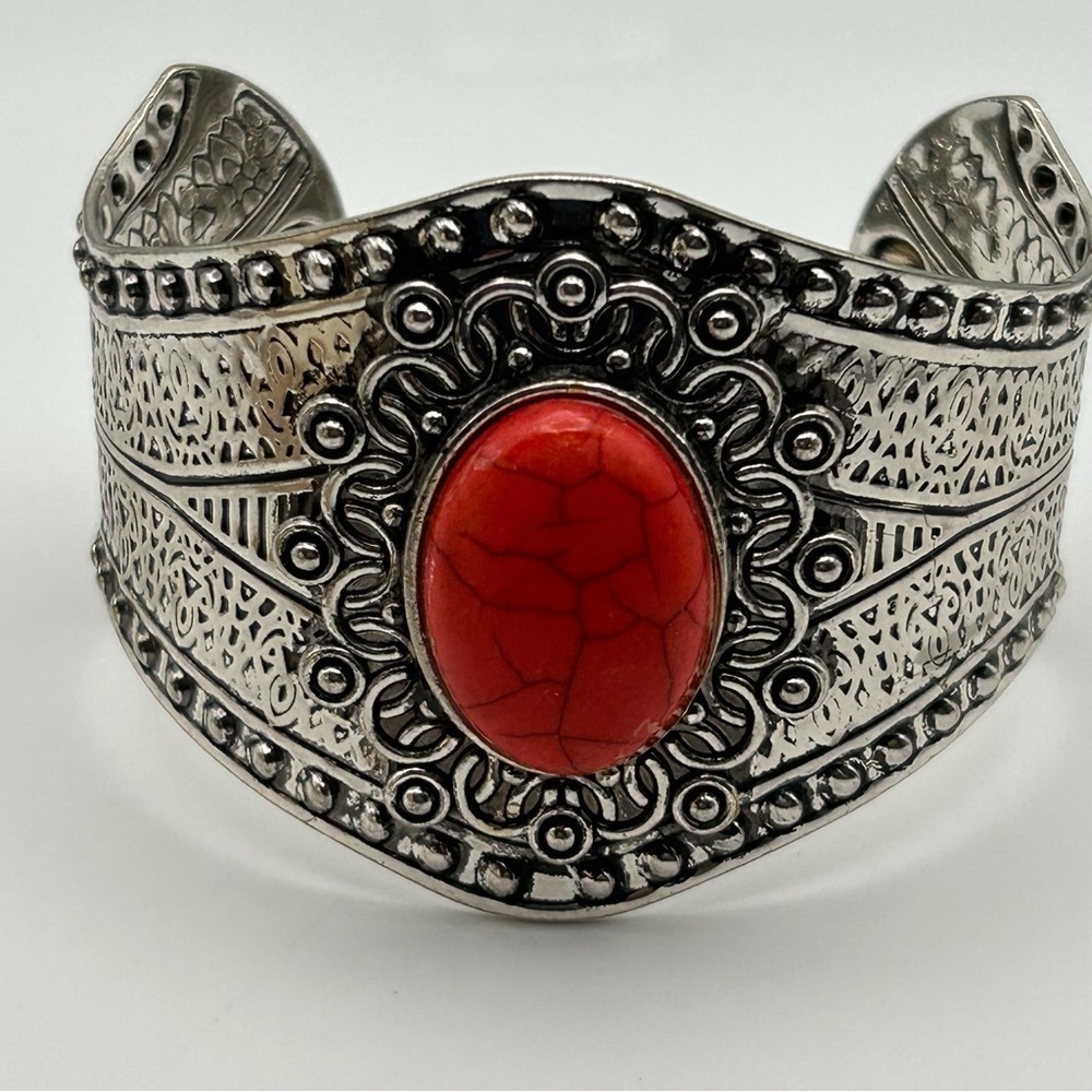 Boho Silver Tone Studded Ornate Cuff Bracelet with Faux Vibrant Orange Stone